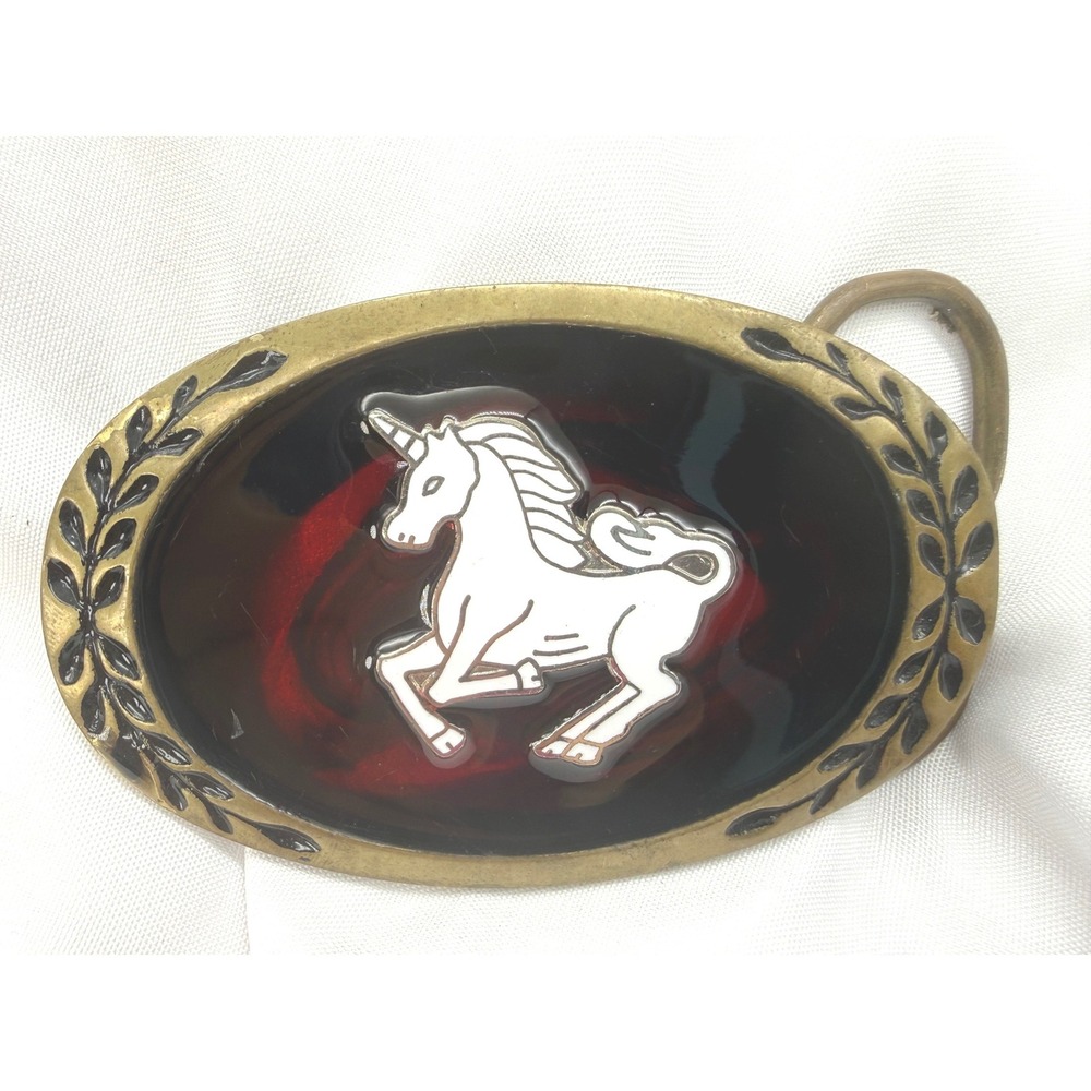 Heritage Buckles Vintage Solid Brass Unicorn Belt Buckle Red Enamel Western Gift